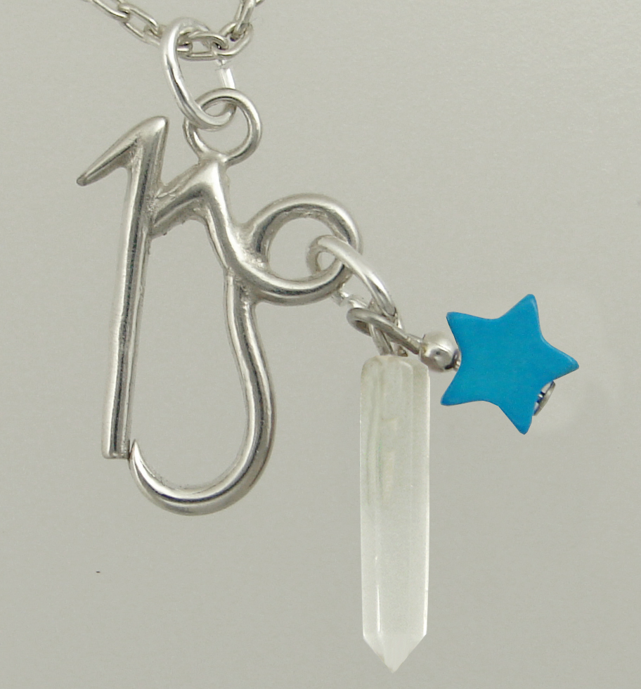 Sterling Silver Capricorn Pendant Necklace With an Clear Crystal And a Turquoise Star